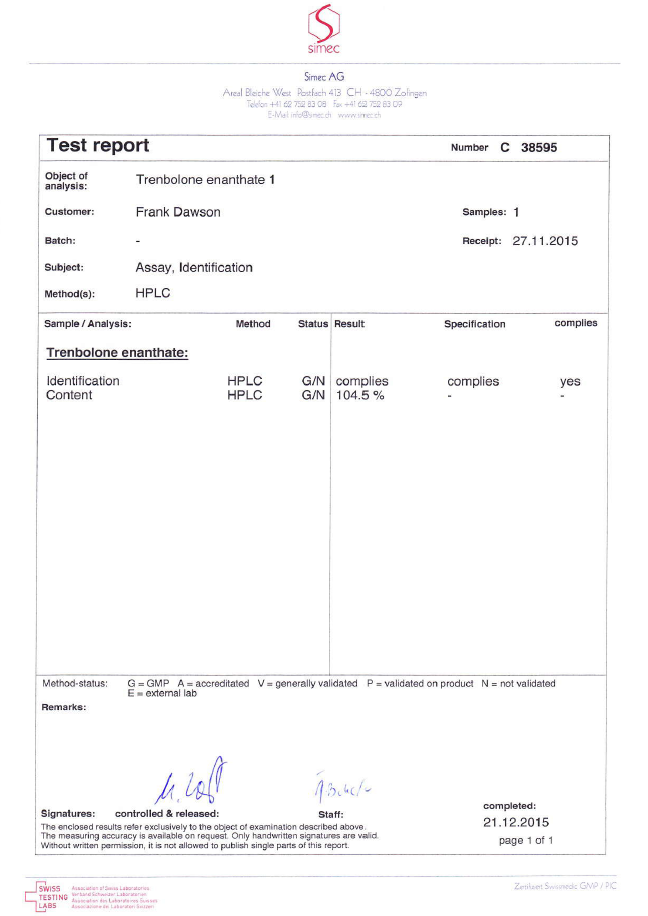 PHARMA TREN E 200 Trenbolone enanthate - purity report